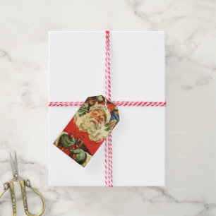 Vintage Christmas, Santa Claus in Sleigh with Toys Gift Tags