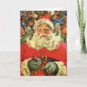 Vintage Christmas, Santa Claus in Sleigh with Toys Holiday Card