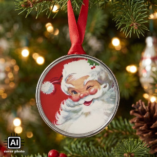 Vintage Christmas Santa Claus, Jolly and Winking Metal Ornament