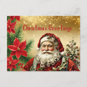 Vintage Christmas Santa Claus, Red Poinsettia Holiday Postcard
