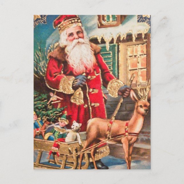 Vintage Christmas Santa Claus Reindeer Postcard (Front)