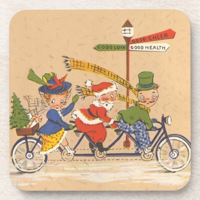Vintage Christmas, Santa Claus Riding a Bicycle Coaster (Front)