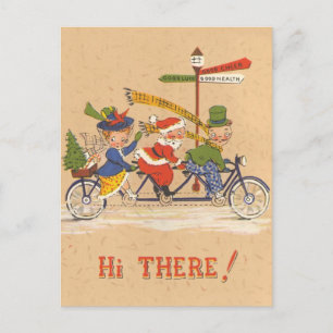 Vintage Christmas, Santa Claus Riding a Bicycle Holiday Postcard