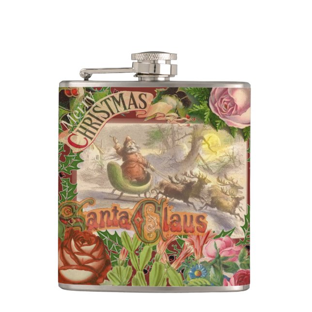 Vintage Christmas Santa Claus Sleigh Hip Flask (Front)