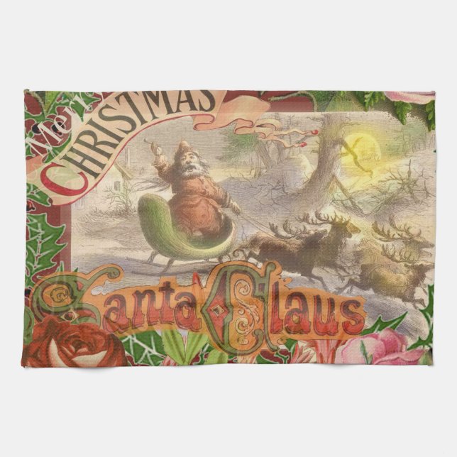 Vintage Christmas Santa Claus Sleigh Kitchen Towel (Horizontal)