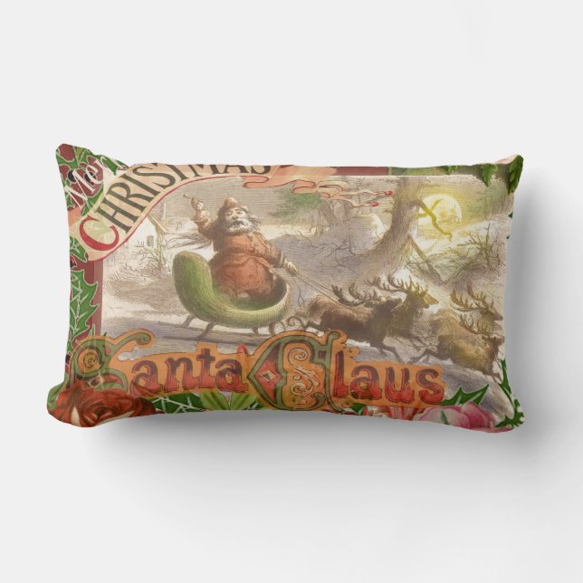 Vintage Christmas Santa Claus Sleigh Lumbar Pillow (Front)