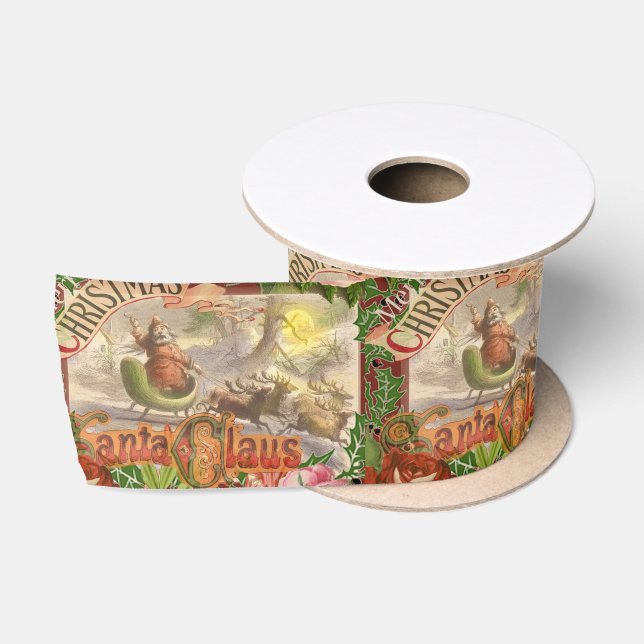 Vintage Christmas Santa Claus Sleigh Satin Ribbon (Spool)