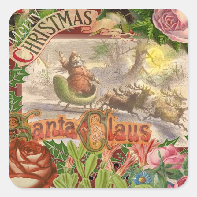 Vintage Christmas Santa Claus Sleigh Square Sticker (Front)