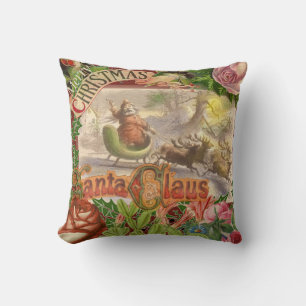 Vintage Christmas Santa Claus Sleigh Throw Pillow