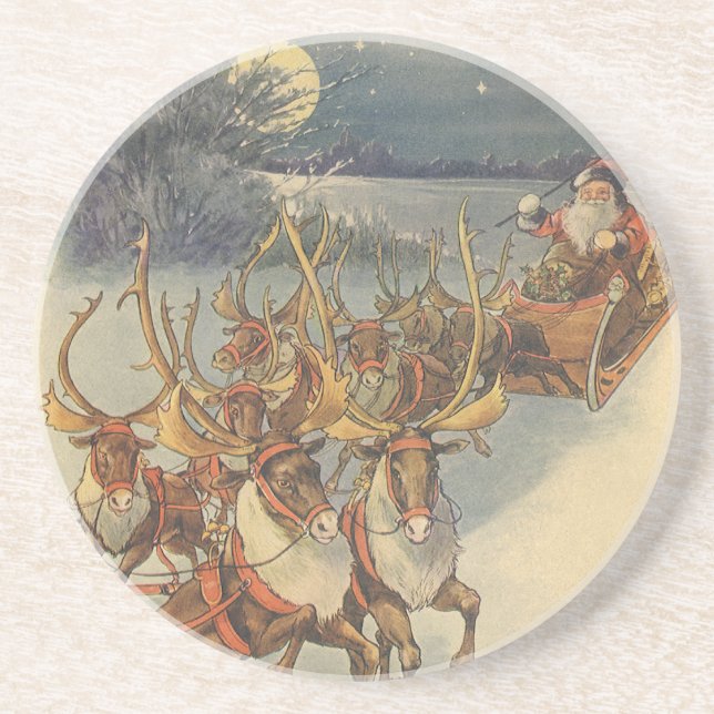 Vintage Christmas Santa Claus Sleigh with Reindeer Coaster (Front)