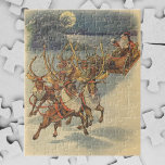 Vintage Christmas Santa Claus Sleigh with Reindeer Jigsaw Puzzle<br><div class="desc">Vintage illustration Victorian Merry Christmas holiday scene featuring Santa Claus and his reindeer delivering toys on Christmas Eve. Santa is flying over the snow on a chilly winter night with a full moon in the sky.</div>