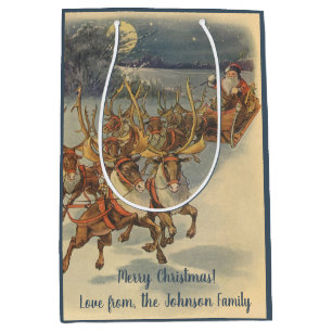 Vintage Christmas Santa Claus Sleigh with Reindeer Medium Gift Bag