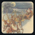 Vintage Christmas Santa Claus Sleigh with Reindeer Square Sticker<br><div class="desc">Vintage illustration Victorian Merry Christmas holiday scene featuring Santa Claus and his reindeer delivering toys on Christmas Eve. Santa is flying over the snow on a chilly winter night with a full moon in the sky.</div>
