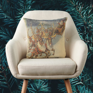 Vintage Christmas Santa Claus Sleigh with Reindeer Throw Pillow