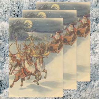 Vintage Christmas Santa Claus Sleigh with Reindeer Wrapping Paper Sheet