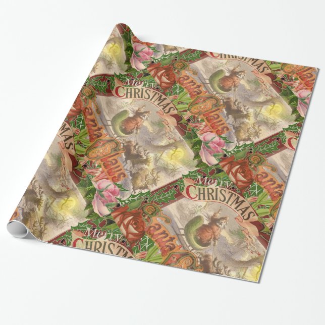 Vintage Christmas Santa Claus Sleigh Wrapping Paper (Unrolled)
