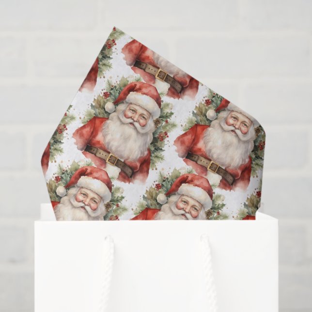 Vintage Christmas Santa Claus Smiling Pattern Tissue Paper (Gift Bag)