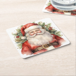 Vintage Christmas Santa Claus Smiling Square Paper Coaster