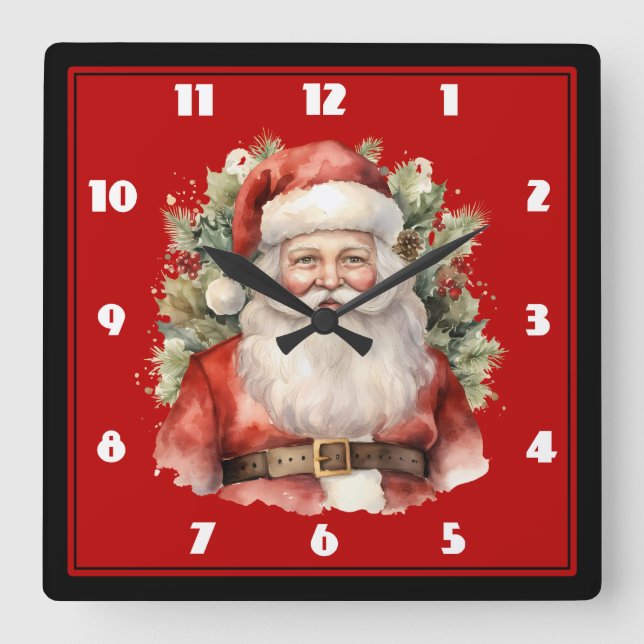 Vintage Christmas Santa Claus Smiling Square Wall Clock (Front)