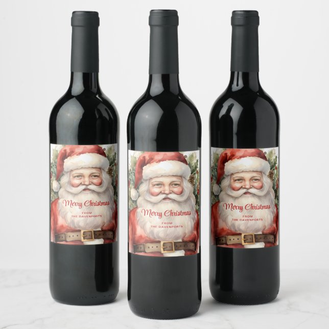 Vintage Christmas Santa Claus Smiling Wine Label (Bottles)