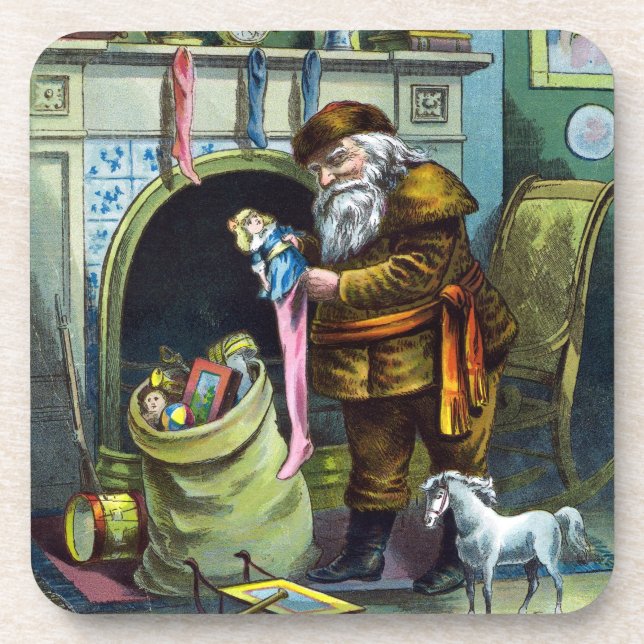Vintage Christmas, Santa Claus Stockings with Toys Coaster (Front)