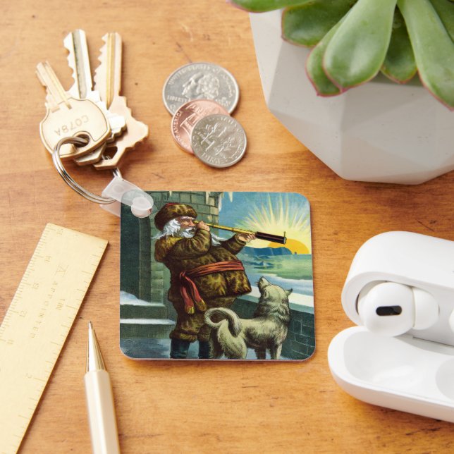 Vintage Christmas Santa Claus Telescope Dog Sunset Keychain (Desk)