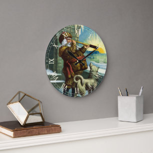 Vintage Christmas Santa Claus Telescope Dog Sunset Large Clock