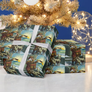 Vintage Christmas Santa Claus Telescope Dog Sunset Wrapping Paper
