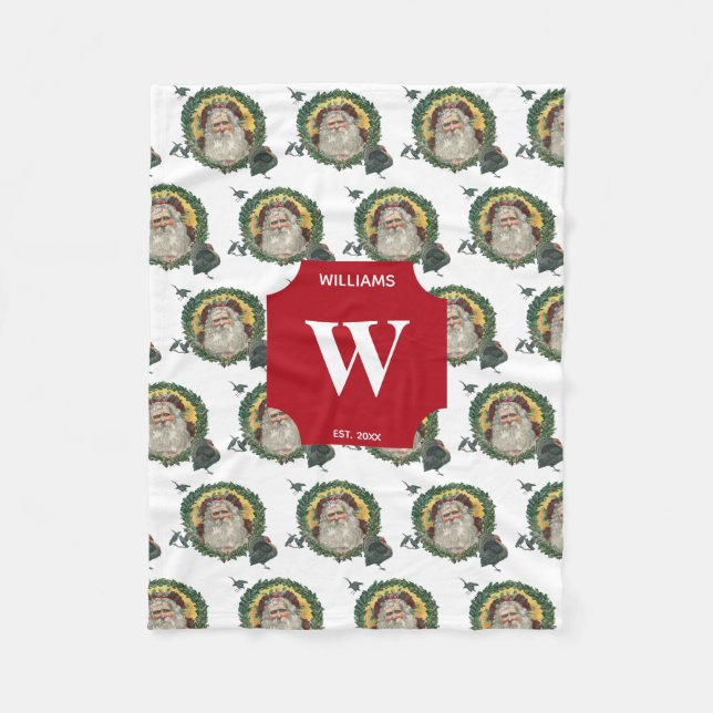 Vintage Christmas Santa Claus Turkeys Monogrammed Fleece Blanket (Front)