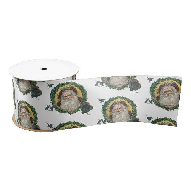 Vintage Christmas Santa Claus Turkeys Satin Ribbon (Spool)