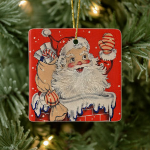 Vintage Christmas Santa Claus Waving Ceramic Ornament