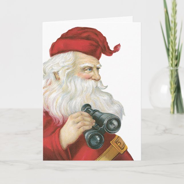 Vintage Christmas, Santa Claus with Binoculars Holiday Card (Front)