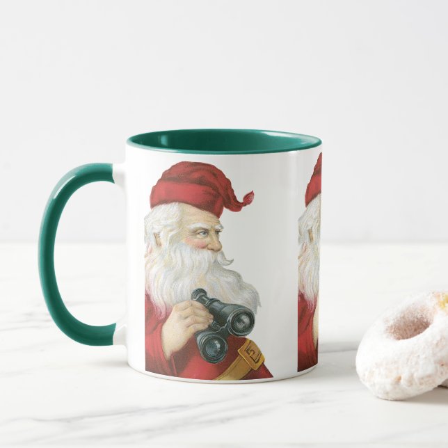 Vintage Christmas, Santa Claus with Binoculars Mug (With Donut)