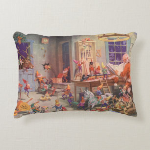 Vintage Christmas, Santa Claus with Elves Workshop Accent Pillow