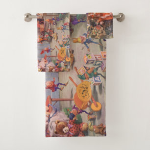 Vintage Christmas, Santa Claus with Elves Workshop Bath Towel Set