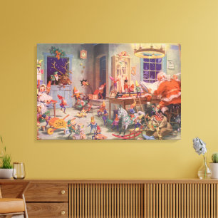 Vintage Christmas, Santa Claus with Elves Workshop Canvas Print