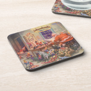 Vintage Christmas, Santa Claus with Elves Workshop Coaster