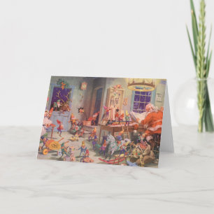 Vintage Christmas, Santa Claus with Elves Workshop Holiday Card