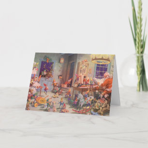 Vintage Christmas, Santa Claus with Elves Workshop Holiday Card