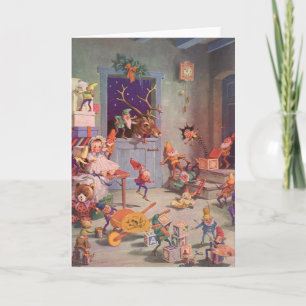 Vintage Christmas, Santa Claus with Elves Workshop Holiday Card
