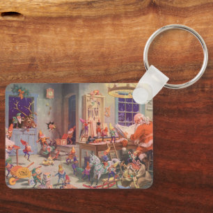 Vintage Christmas, Santa Claus with Elves Workshop Keychain