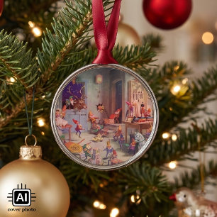 Vintage Christmas, Santa Claus with Elves Workshop Metal Ornament