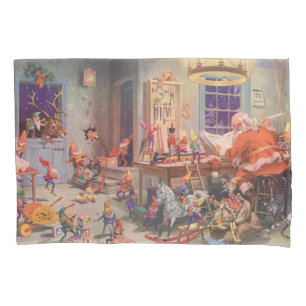 Vintage Christmas, Santa Claus with Elves Workshop Pillowcase