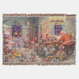 Vintage Christmas, Santa Claus with Elves Workshop Throw Blanket