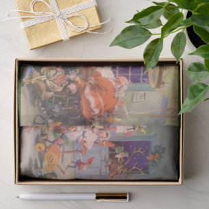 Vintage Christmas, Santa Claus with Elves Workshop Tissue Paper