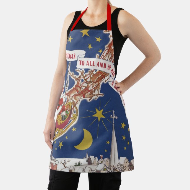 Vintage Christmas Santa Claus With Flying Reindeer Apron (Insitu)