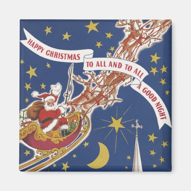 Vintage Christmas Santa Claus With Flying Reindeer Magnet (Front)