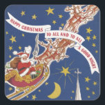 Vintage Christmas Santa Claus With Flying Reindeer Square Sticker<br><div class="desc">Vintage illustration Merry Christmas holiday design from the classic children's story book "Twas the Night Before Christmas." This image is the back cover art featuring a jolly Santa Claus flying in the sky with his sleigh, reindeer and a sack full of toys on Christmas Eve with bright, twinkling, yellow stars...</div>