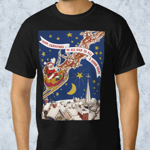 Vintage Christmas Santa Claus With Flying Reindeer T-Shirt