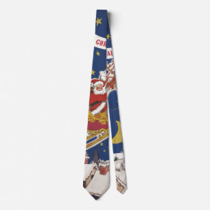 Vintage Christmas Santa Claus With Flying Reindeer Tie